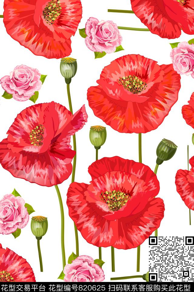 粉红玫瑰红花矢量花卉数码印花华亿平台下载（图片编号: 820625） - 瓦栏（Walan）