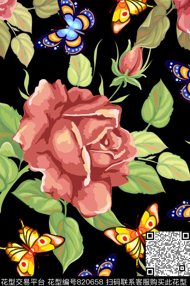 华亿平台手绘花卉蝴蝶数码印花华亿平台下载（图片编号: 820658） - 瓦栏（Walan）