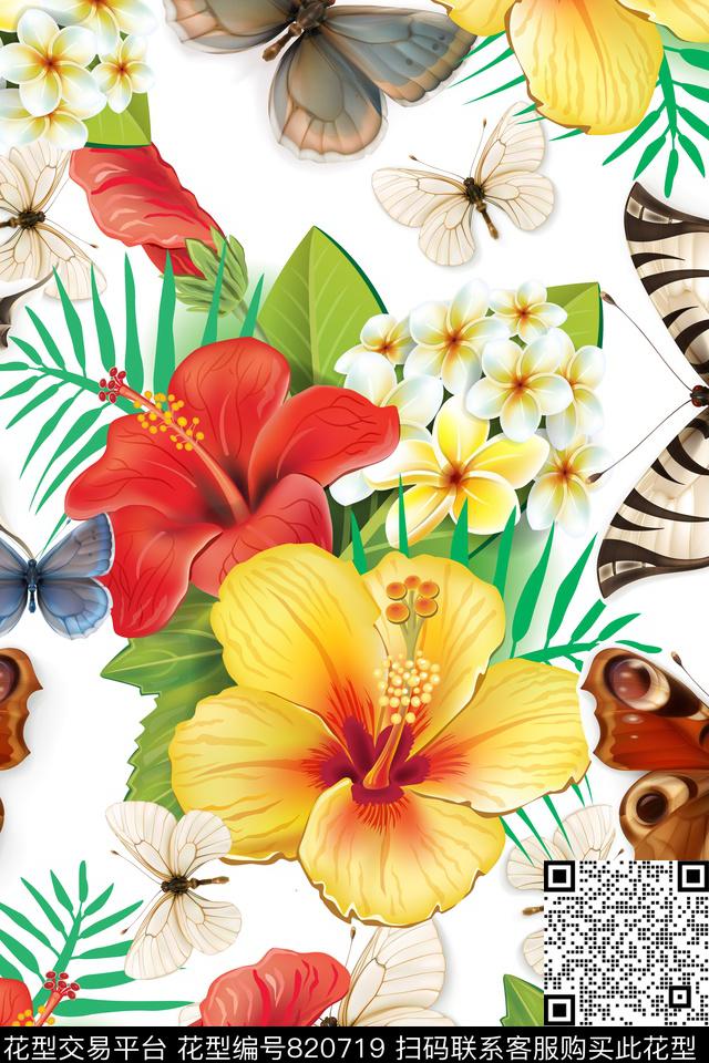 华亿平台手绘花卉蝴蝶数码印花华亿平台下载（图片编号: 820719） - 瓦栏（Walan）