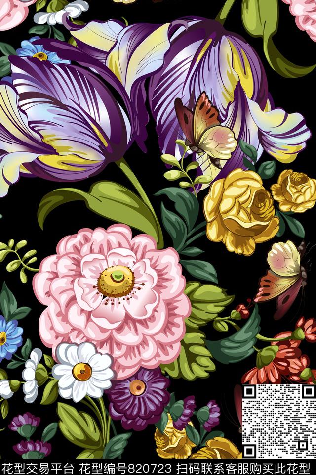 华亿平台手绘花卉蝴蝶数码印花华亿平台下载（图片编号: 820723） - 瓦栏（Walan）