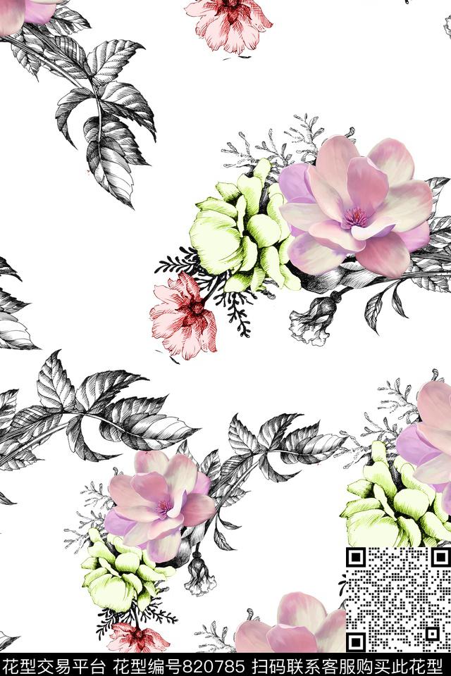 手绘花瓣树叶数码印花华亿平台下载（图片编号: 820785） - 瓦栏（Walan）