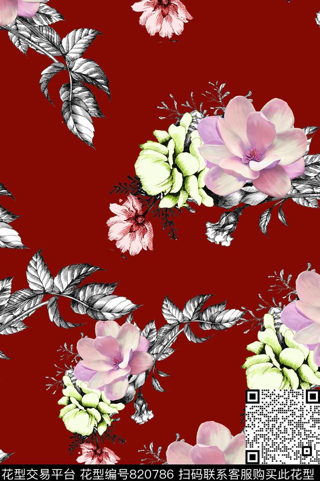 手绘花瓣树叶数码印花华亿平台下载（图片编号: 820786） - 瓦栏（Walan）