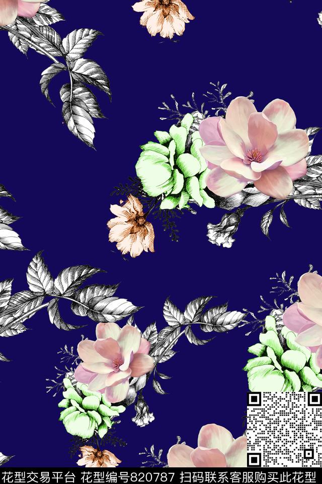 手绘花瓣树叶数码印花华亿平台下载（图片编号: 820787） - 瓦栏（Walan）