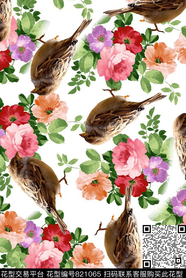 花卉图案华亿平台图案麻雀数码印花华亿平台下载（图片编号: 821065） - 瓦栏（Walan）