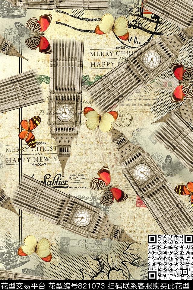 欧式建筑建筑图案蝴蝶数码印花华亿平台下载（图片编号: 821073） - 瓦栏（Walan）