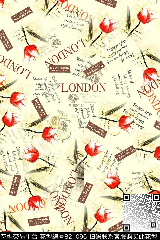 花卉英文古典数码印花华亿平台下载（图片编号: 821096） - 瓦栏（Walan）