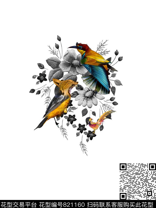 欧式时尚花鸟数码印花华亿平台下载（图片编号: 821160） - 瓦栏（Walan）