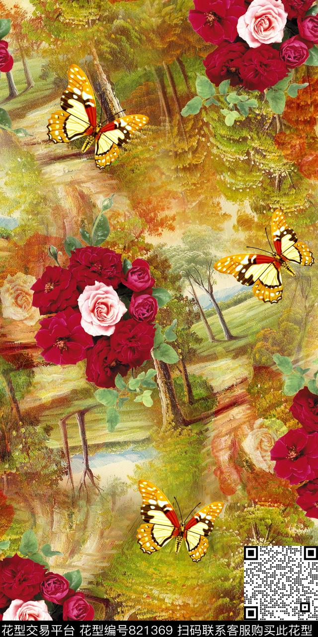 玫瑰大花蝴蝶数码印花华亿平台下载（图片编号: 821369） - 瓦栏（Walan）