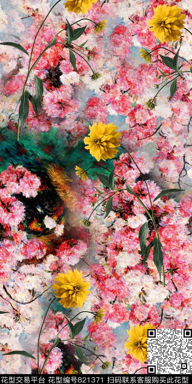 乱花桃花雏菊数码印花华亿平台下载（图片编号: 821371） - 瓦栏（Walan）