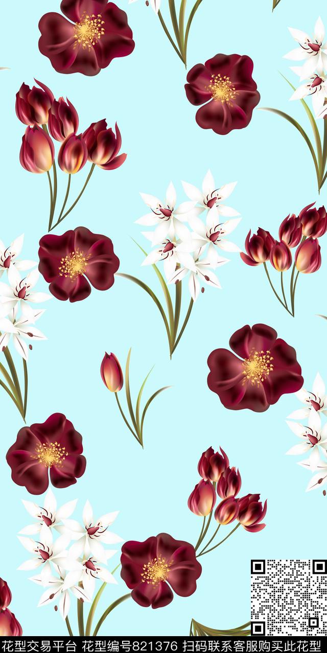 玫瑰玉兰花小碎花数码印花华亿平台下载（图片编号: 821376） - 瓦栏（Walan）