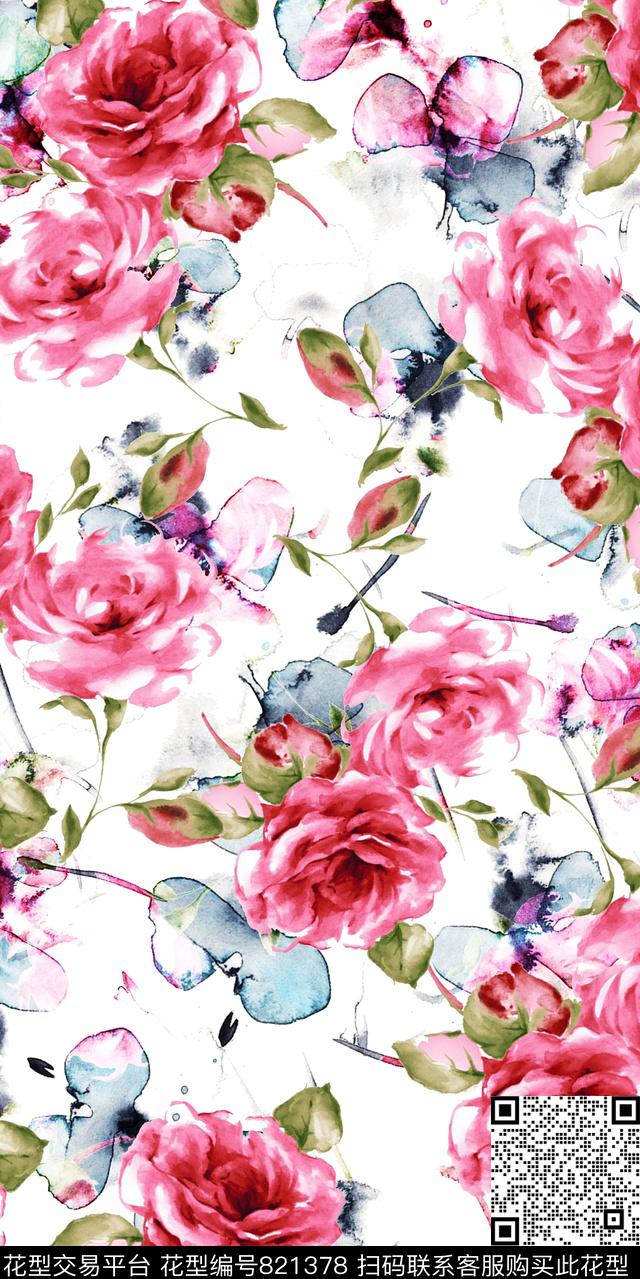 玫瑰玉兰花小碎花数码印花华亿平台下载（图片编号: 821378） - 瓦栏（Walan）
