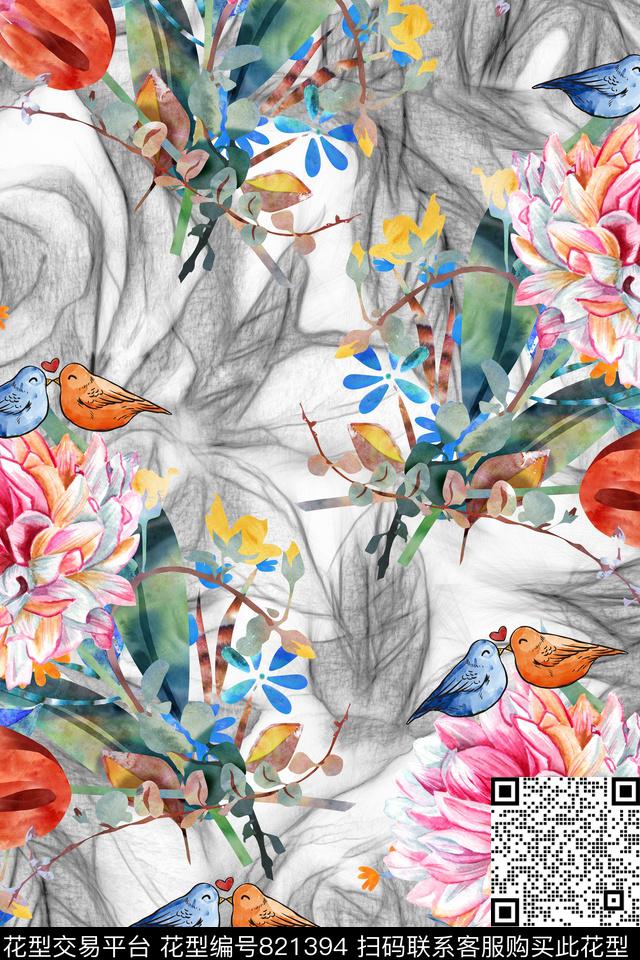 玫瑰花花纹小鸟数码印花华亿平台下载（图片编号: 821394） - 瓦栏（Walan）