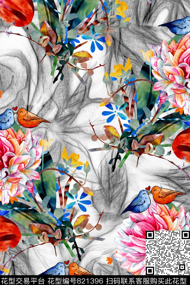 玫瑰花花纹小鸟数码印花华亿平台下载（图片编号: 821396） - 瓦栏（Walan）