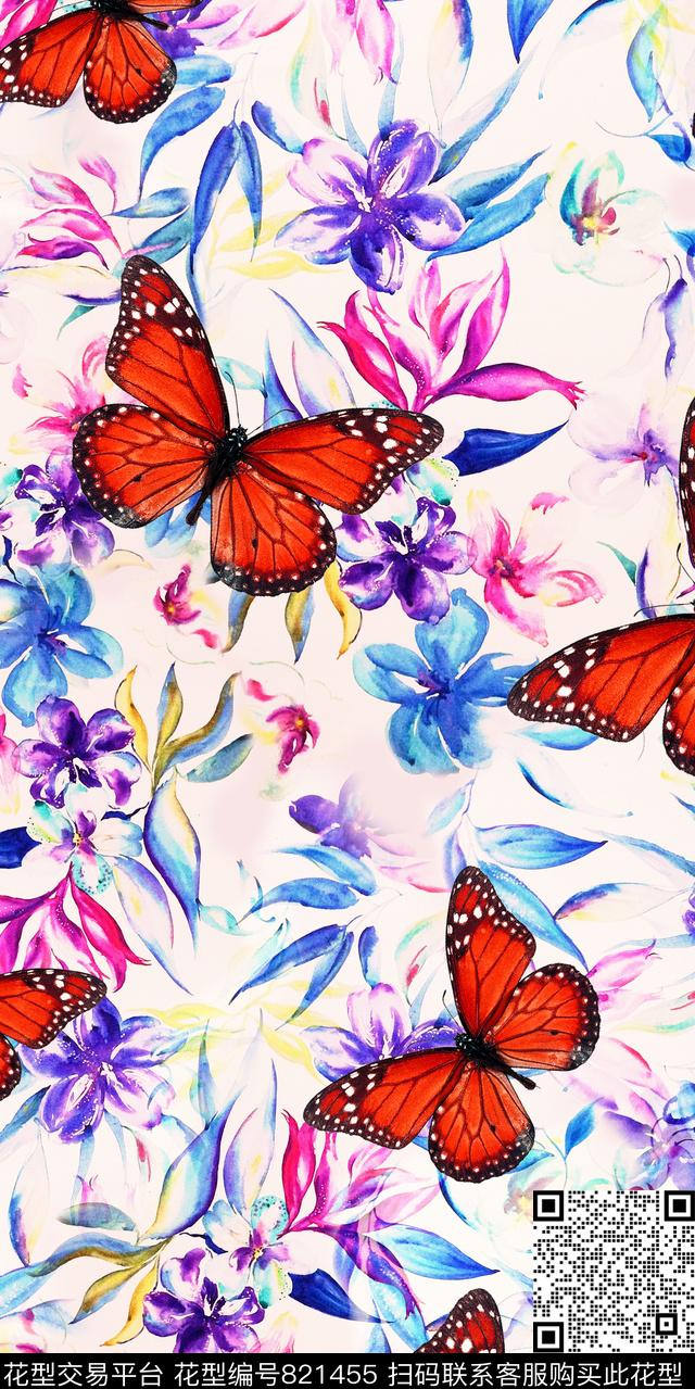 昆虫花卉水彩花卉数码印花华亿平台下载（图片编号: 821455） - 瓦栏（Walan）