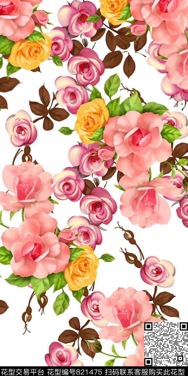 玫瑰玉兰花小碎花数码印花华亿平台下载（图片编号: 821475） - 瓦栏（Walan）