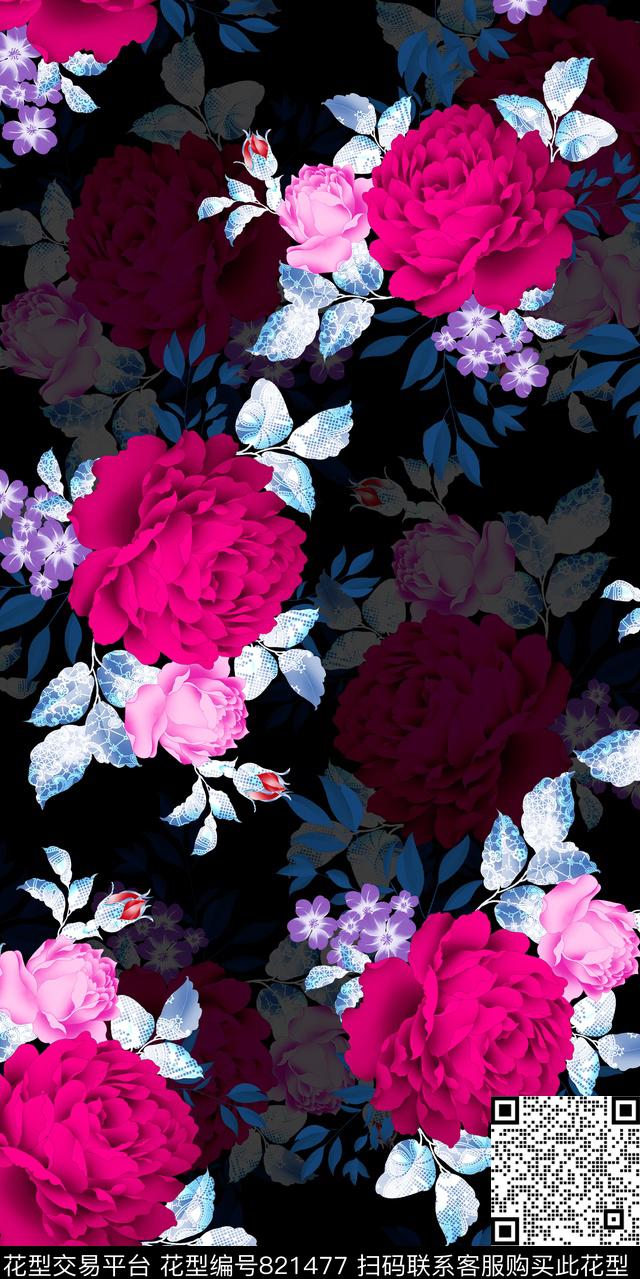 玫瑰玉兰花小碎花数码印花华亿平台下载（图片编号: 821477） - 瓦栏（Walan）