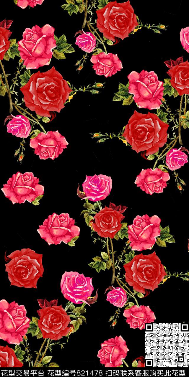 玫瑰玉兰花小碎花数码印花华亿平台下载（图片编号: 821478） - 瓦栏（Walan）