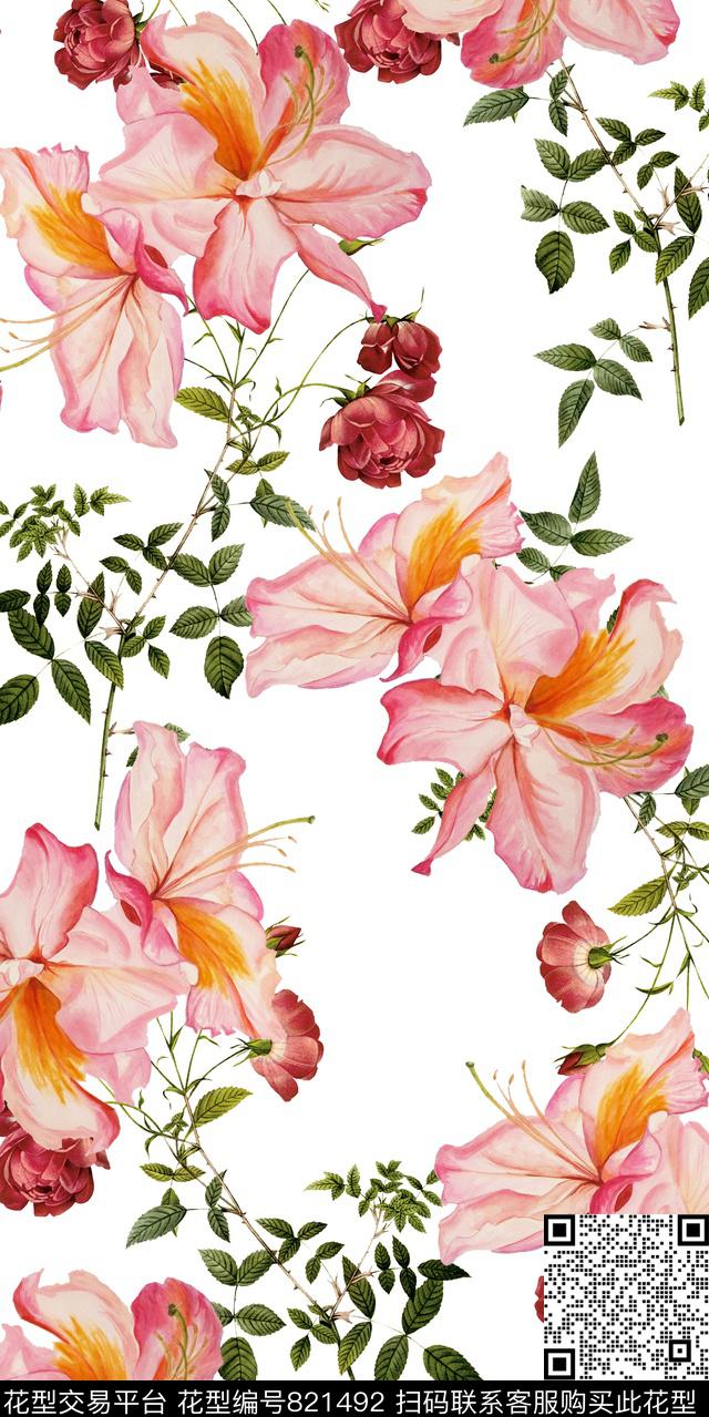 玫瑰玉兰花小碎花数码印花华亿平台下载（图片编号: 821492） - 瓦栏（Walan）