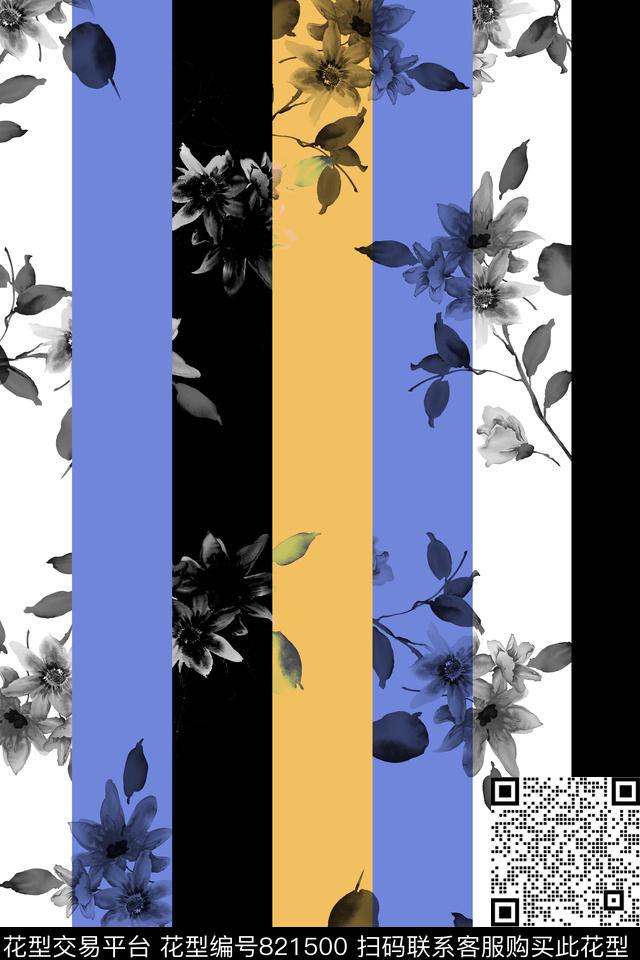 花卉竖条条纹传统印花华亿平台下载（图片编号: 821500） - 瓦栏（Walan）