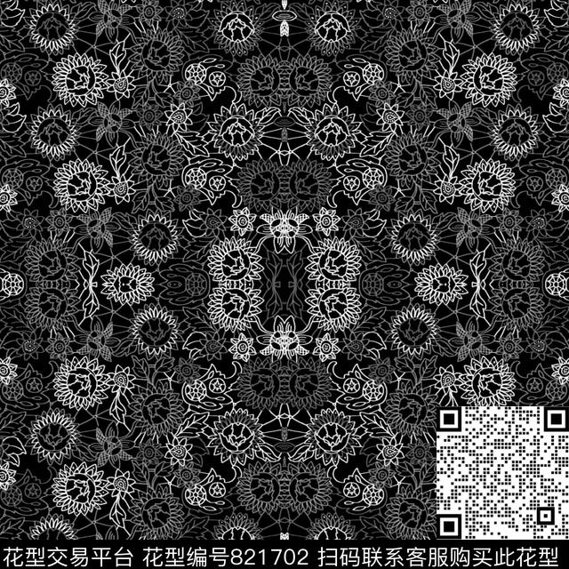 黑白花花卉花朵传统印花华亿平台下载（图片编号: 821702） - 瓦栏（Walan）