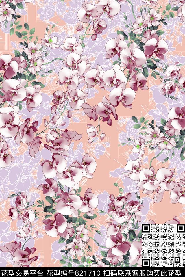 勾线花卉清新春夏数码印花华亿平台下载（图片编号: 821710） - 瓦栏（Walan）