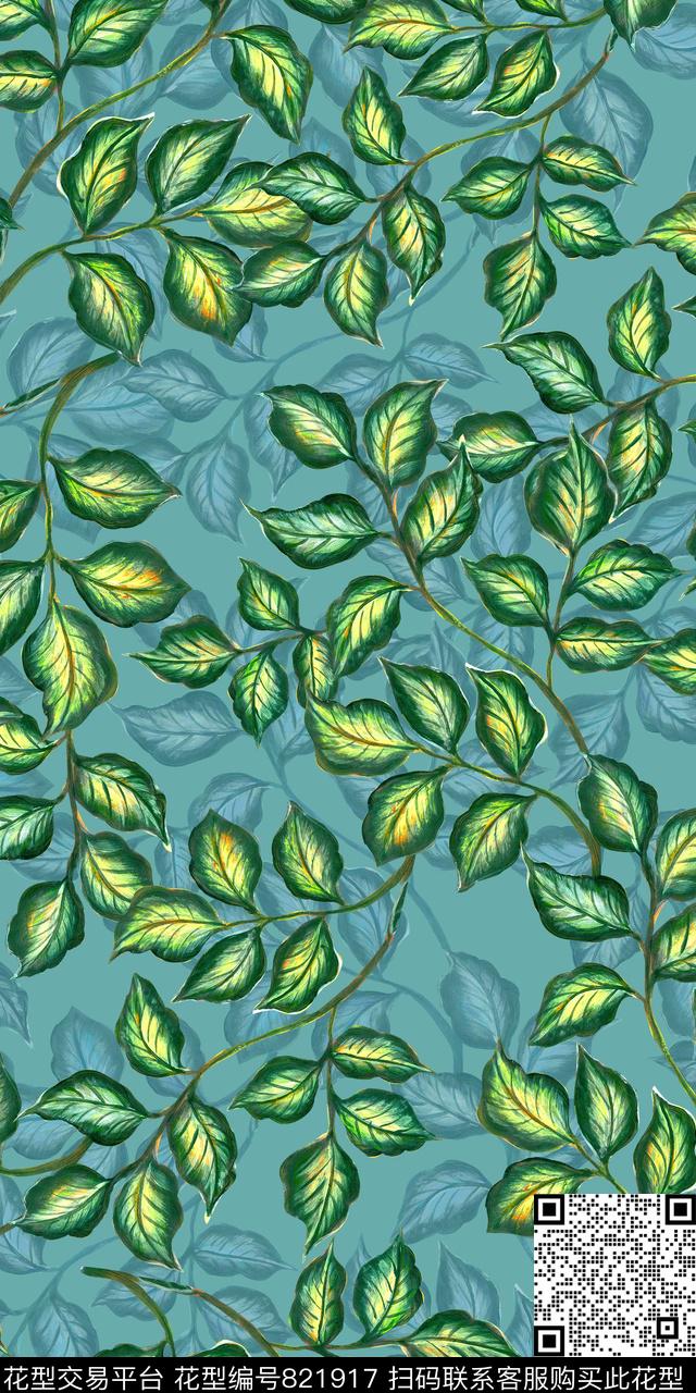 手绘油画树叶数码印花华亿平台下载（图片编号: 821917） - 瓦栏（Walan）