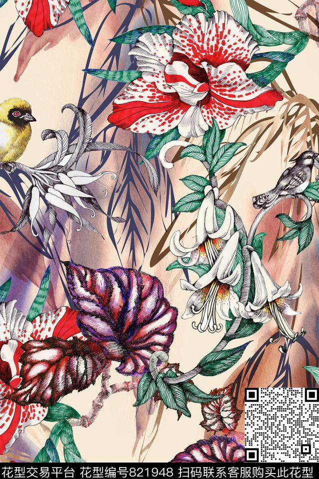 花卉小鸟手绘数码印花华亿平台下载（图片编号: 821948） - 瓦栏（Walan）