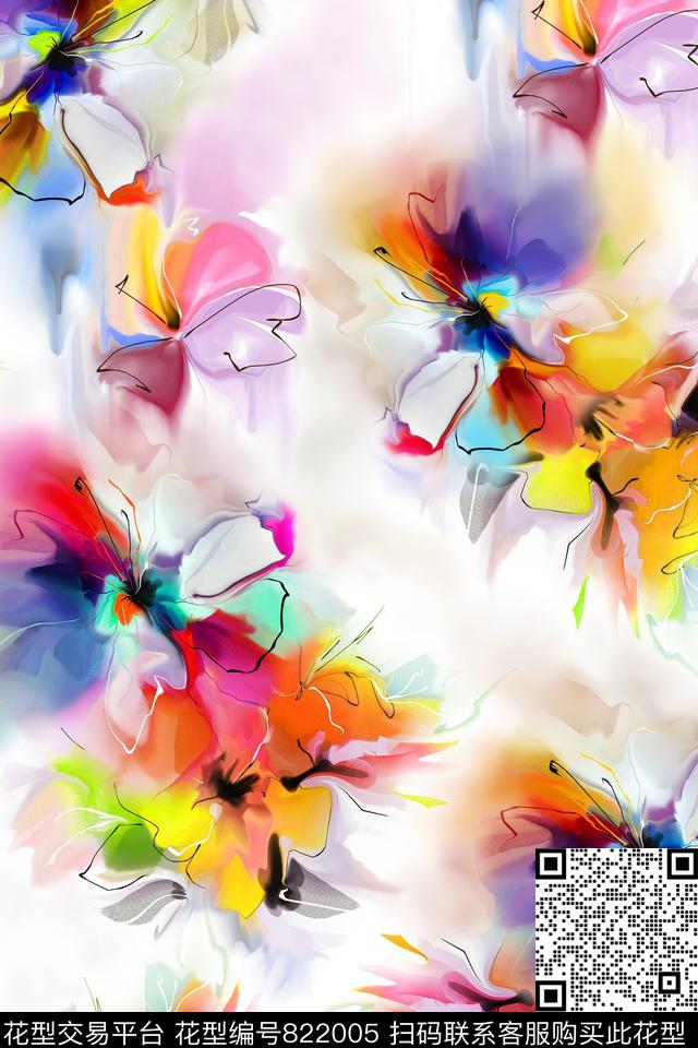 水彩抽象花卉数码印花华亿平台下载（图片编号: 822005） - 瓦栏（Walan）