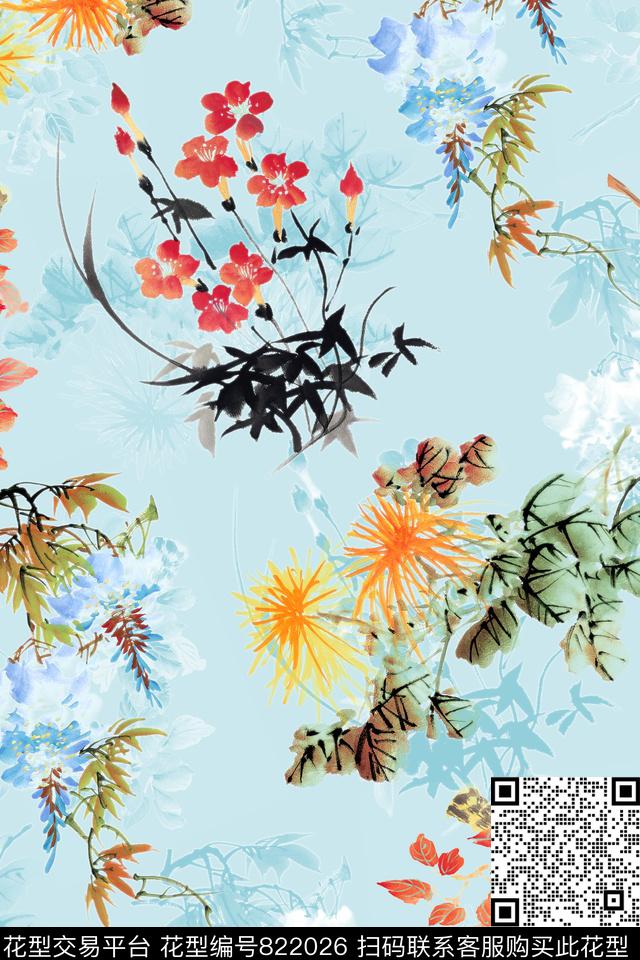 中国风水彩国画数码印花华亿平台下载（图片编号: 822026） - 瓦栏（Walan）