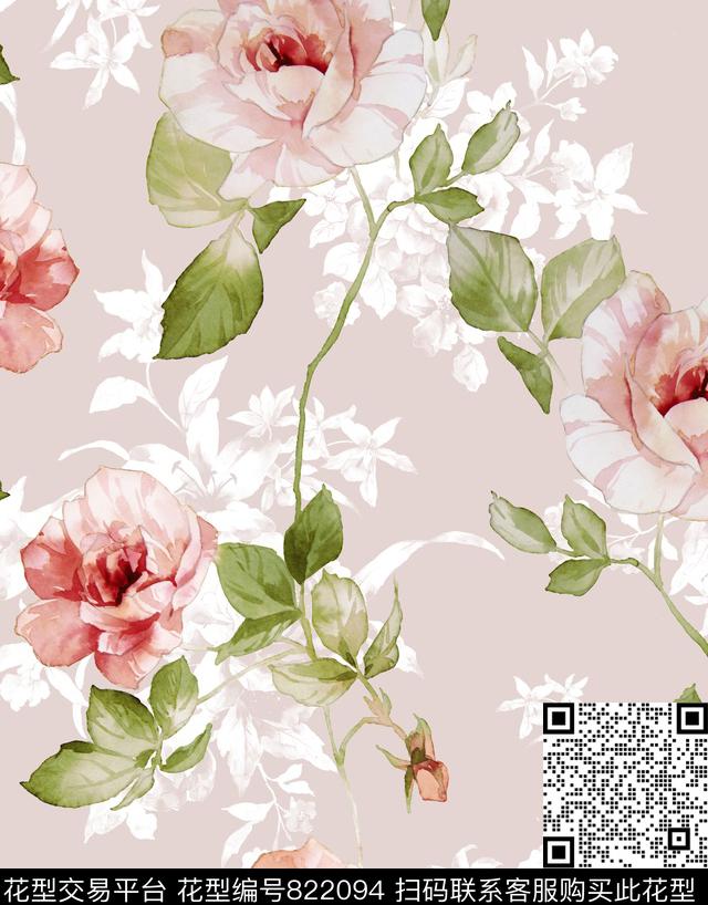 花朵花卉水彩数码印花华亿平台下载（图片编号: 822094） - 瓦栏（Walan）