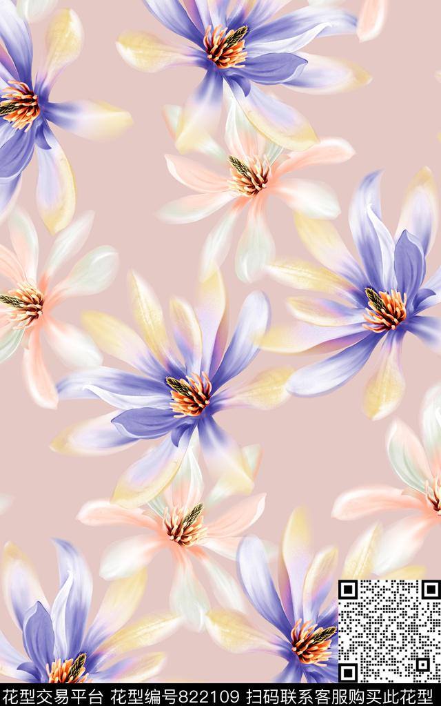 水彩花朵花卉数码印花华亿平台下载（图片编号: 822109） - 瓦栏（Walan）