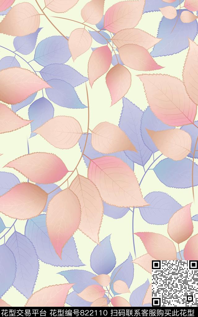 叶子色块线描数码印花华亿平台下载（图片编号: 822110） - 瓦栏（Walan）