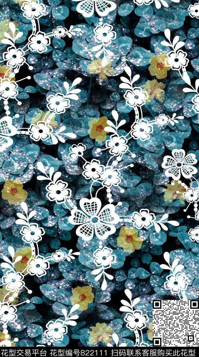 花卉叶子蕾丝数码印花华亿平台下载（图片编号: 822111） - 瓦栏（Walan）