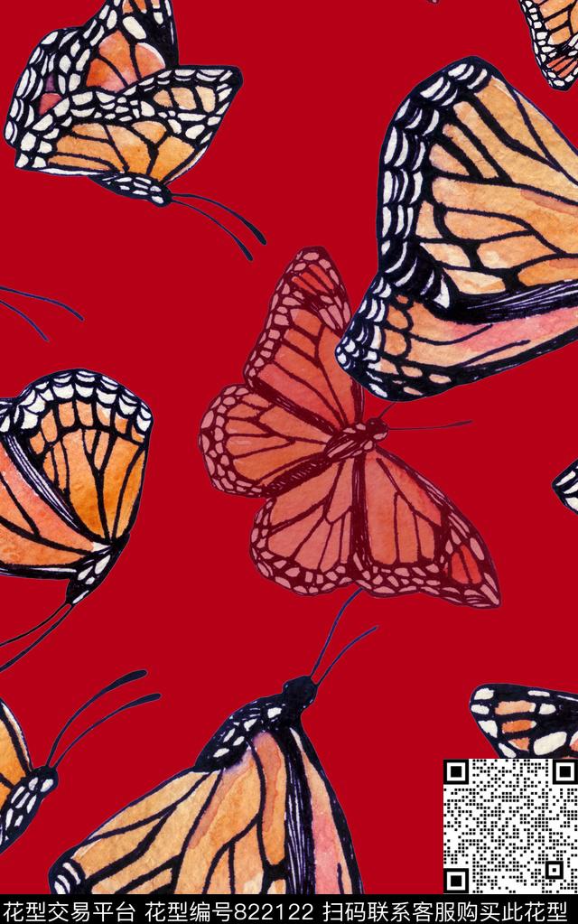 蝴蝶昆虫线条数码印花华亿平台下载（图片编号: 822122） - 瓦栏（Walan）