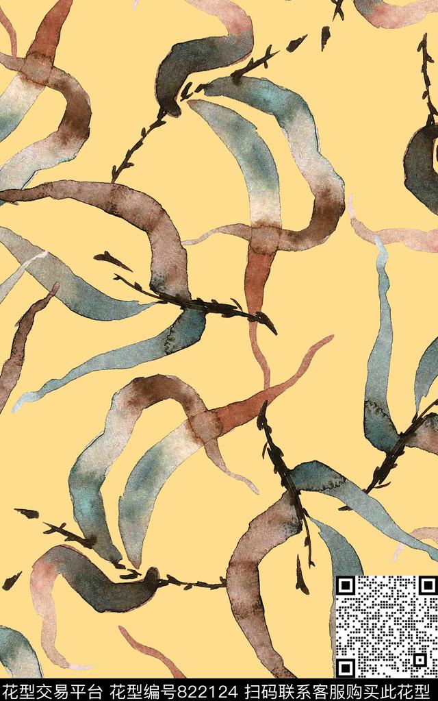 叶子水彩线条数码印花华亿平台下载（图片编号: 822124） - 瓦栏（Walan）
