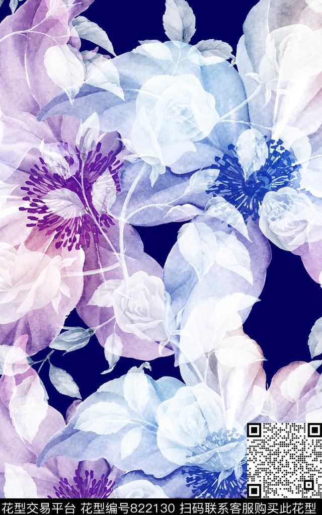 水彩花朵花卉数码印花华亿平台下载（图片编号: 822130） - 瓦栏（Walan）