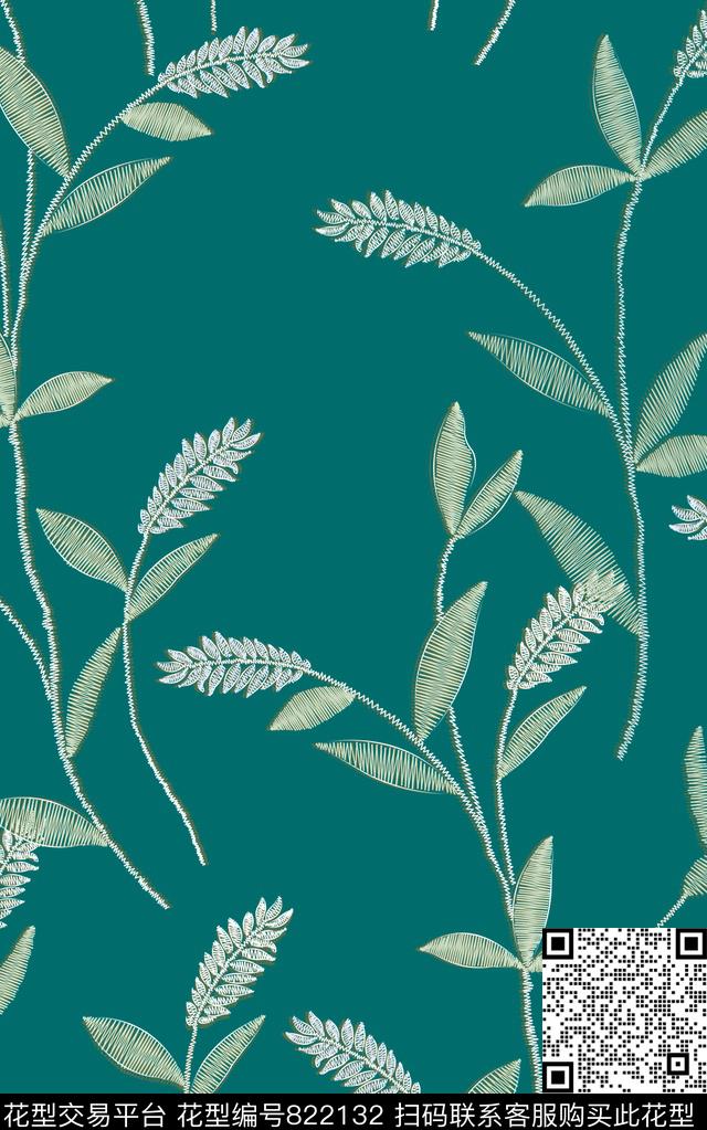 线条绣花花卉传统印花华亿平台下载（图片编号: 822132） - 瓦栏（Walan）