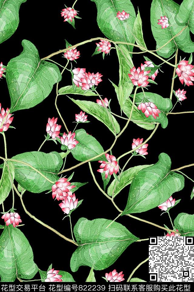 花卉乱花绿叶数码印花华亿平台下载（图片编号: 822239） - 瓦栏（Walan）