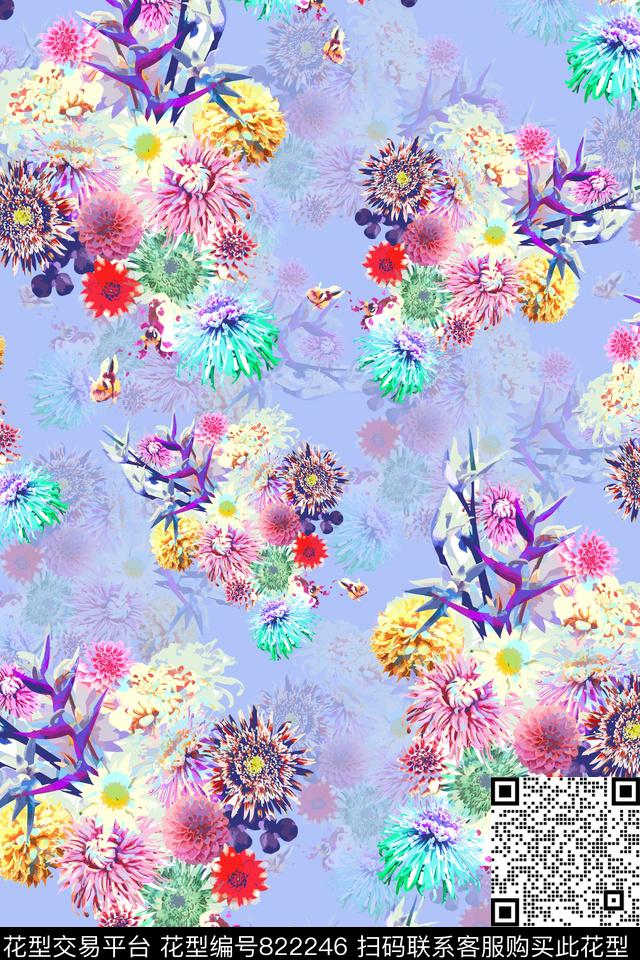 乱花花卉创意水彩数码印花华亿平台下载（图片编号: 822246） - 瓦栏（Walan）