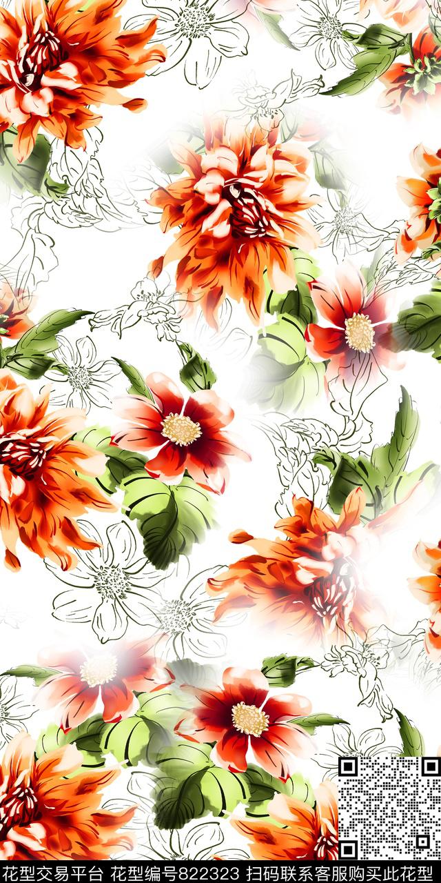 大花手绘花卉数码印花华亿平台下载（图片编号: 822323） - 瓦栏（Walan）