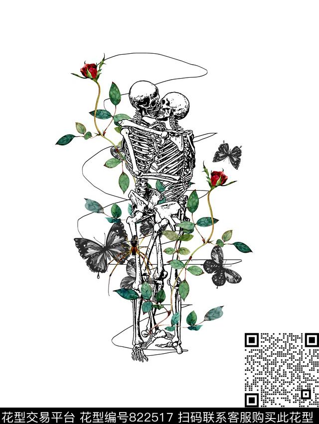骷髅头蝴蝶花卉数码印花华亿平台下载（图片编号: 822517） - 瓦栏（Walan）
