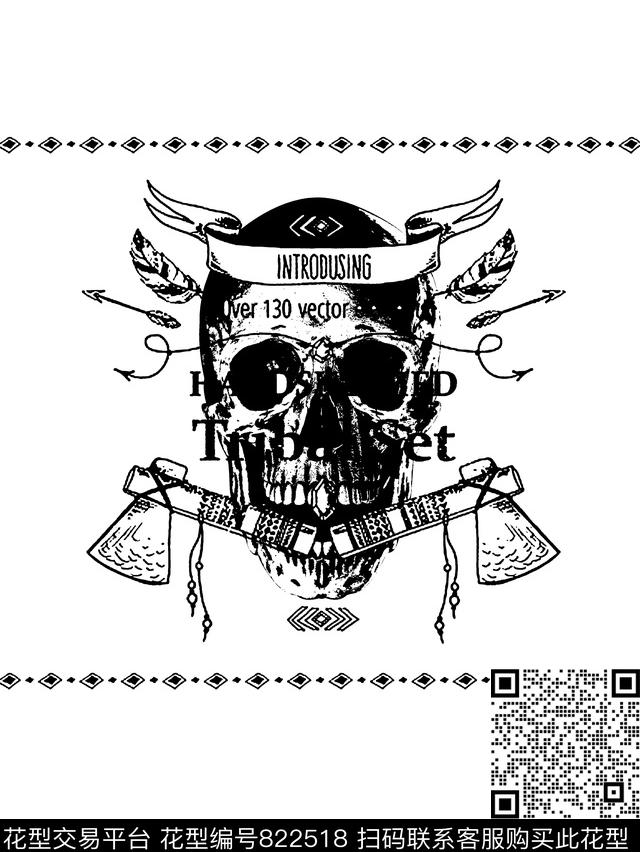 复古骷髅头几何男装T恤华亿平台传统印花华亿平台下载（图片编号: 822518） - 瓦栏（Walan）