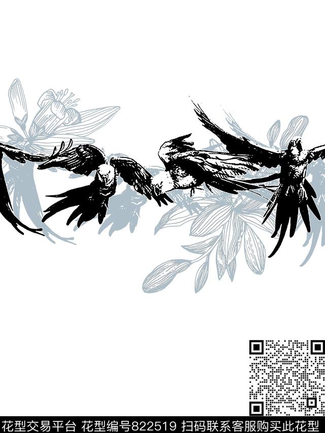 飞鸟花卉男装T恤华亿平台传统印花华亿平台下载（图片编号: 822519） - 瓦栏（Walan）