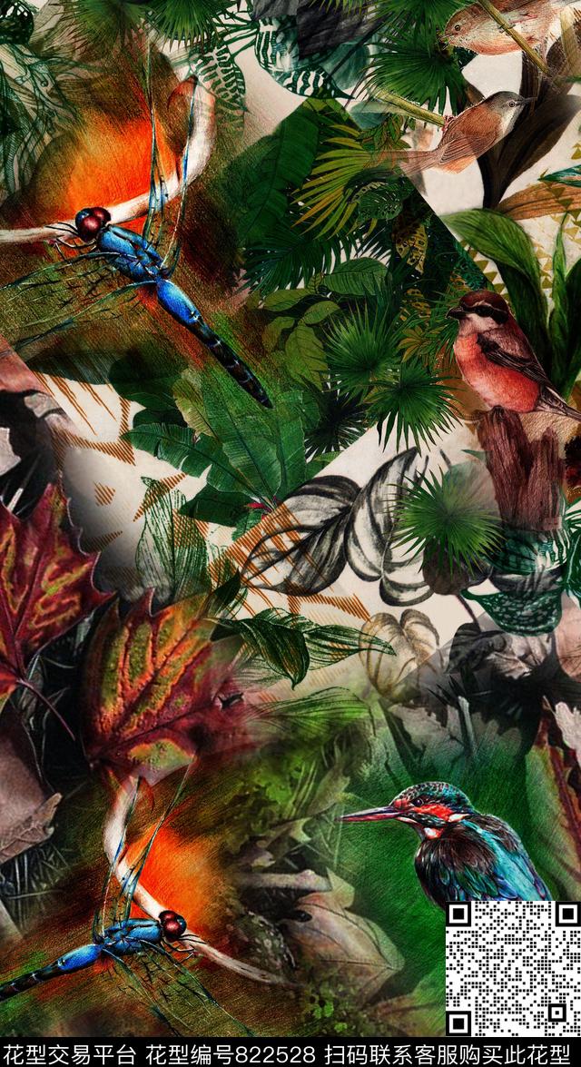 棕榈叶鸟渲染数码印花华亿平台下载（图片编号: 822528） - 瓦栏（Walan）