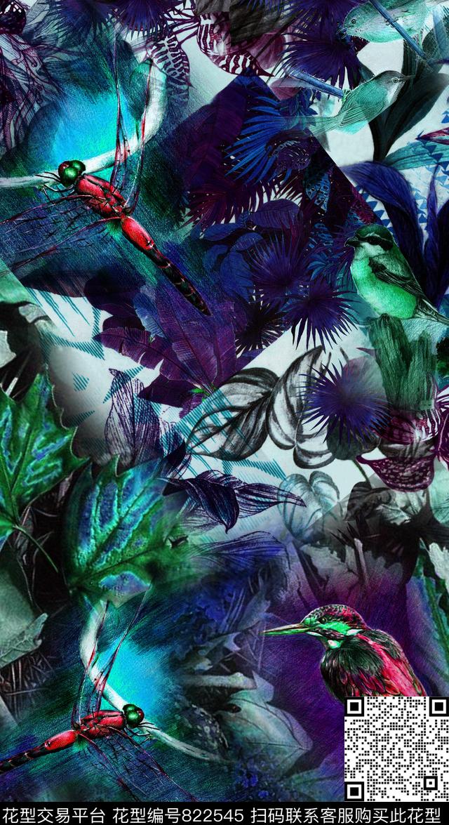 棕榈叶鸟渲染数码印花华亿平台下载（图片编号: 822545） - 瓦栏（Walan）