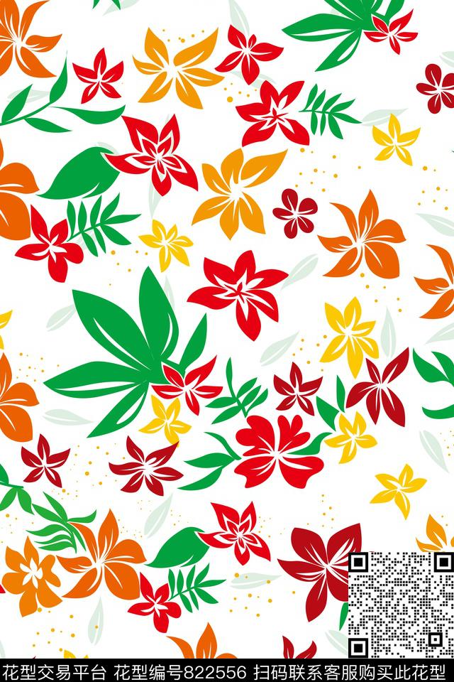 叶子大花花卉传统印花华亿平台下载（图片编号: 822556） - 瓦栏（Walan）