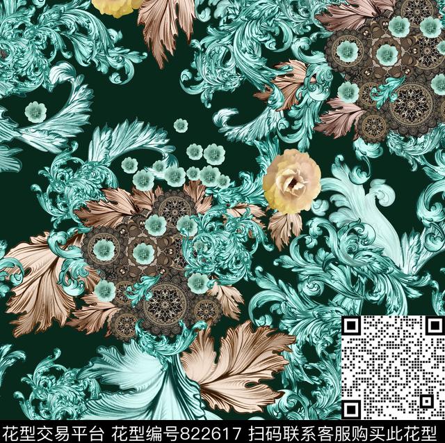 抽象叶子手绘数码印花华亿平台下载（图片编号: 822617） - 瓦栏（Walan）