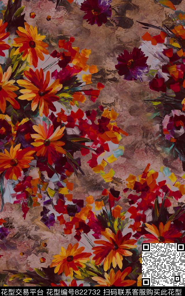 水彩花卉色彩数码印花华亿平台下载（图片编号: 822732） - 瓦栏（Walan）