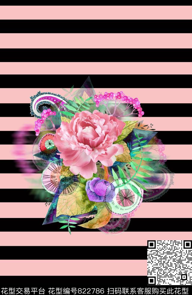 花卉定位条纹数码印花华亿平台下载（图片编号: 822786） - 瓦栏（Walan）