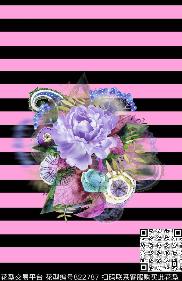 花卉定位条纹数码印花华亿平台下载（图片编号: 822787） - 瓦栏（Walan）